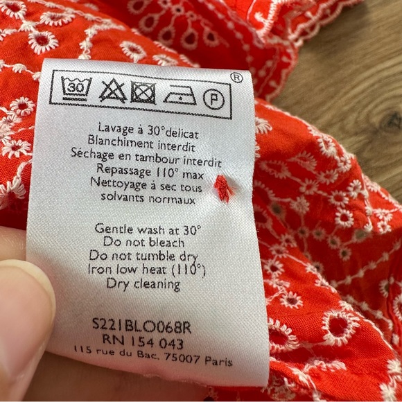 Sezane Antika Blouse Ecru On Coral 38 Fr US 6 Embroidered Button V-Neck Eyelet - Picture 5 of 11